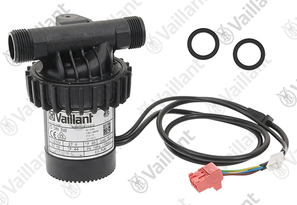 Vaillant Pumpe mit zwei Anschlussleitungen, einem elektrischen Kabel und zwei O-Ringen, geeignet für Heizsysteme.